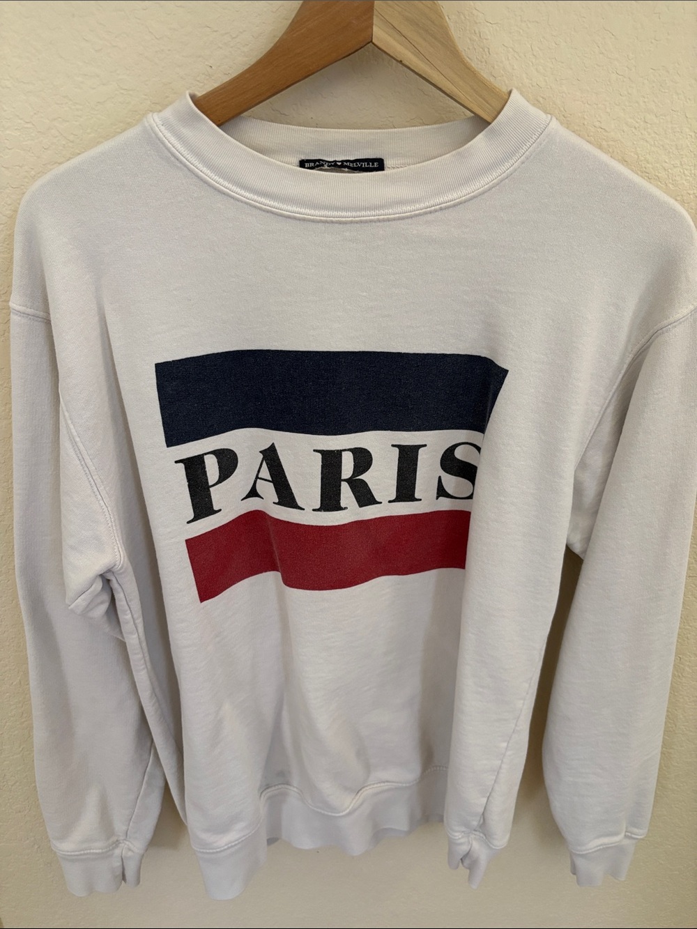 Brandy Melville One Size White Crewneck Sweater with Navy & Red Paris Graphic